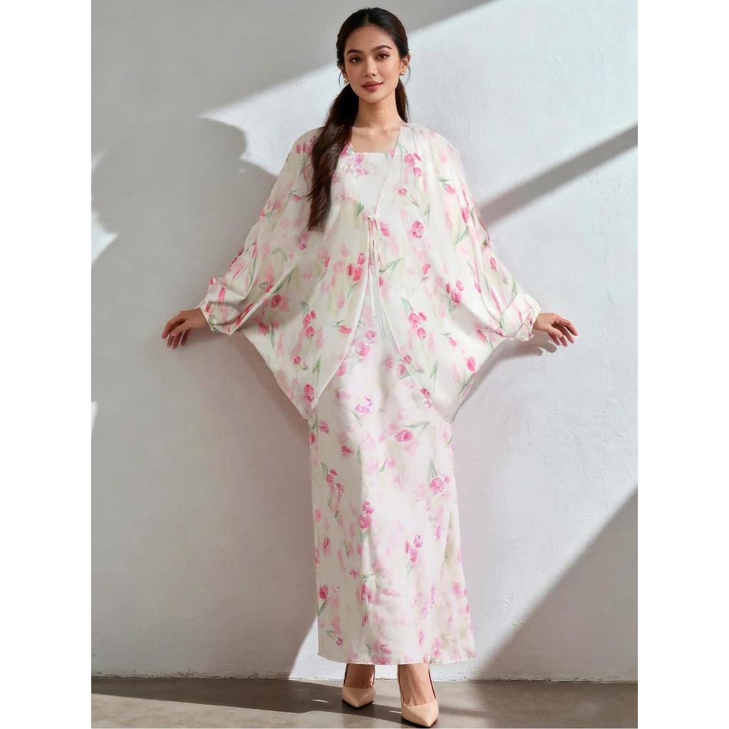 Amyenjoylife Printed Clothing Set For Women Midi Dress With Cardigan Tie-Dye PrintCelebration Outfit Set Muslim Attire Elegant Dress Includes Clothing Set Kebaya Modern