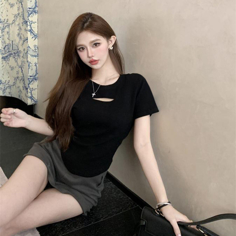 Solid Color French Fashion Pure Cotton Hollow Short-Sleeved Top Simple All-Match Curved…