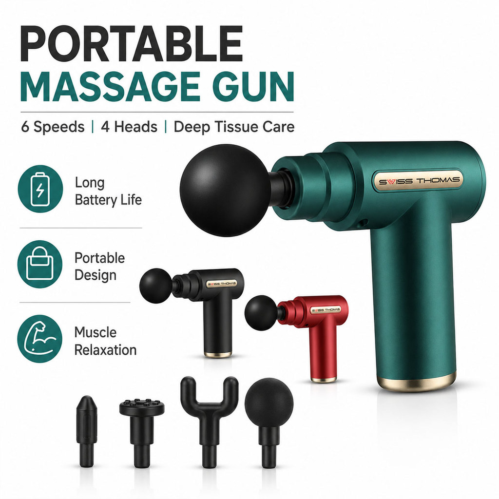 Swiss Thomas Pistol Urut Otot Portable Massage Gun 6 Speeds 4 Heads Muscle Relaxation Deep Tissue Body Massager