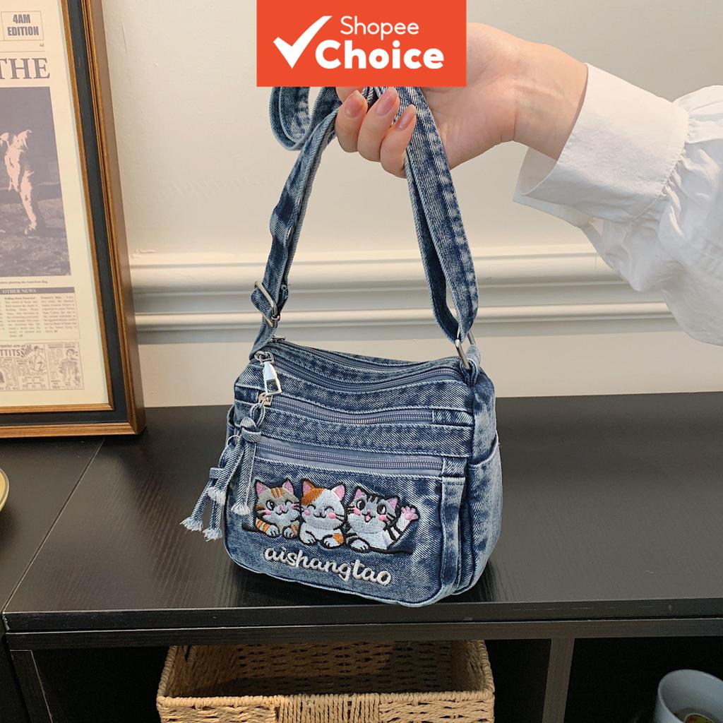 Adorable Cartoon Kitten Embroidery Blue Denim Sling Bag, Multi-layer Zipper Tassel Casual Daily Women Crossbody Handbag Beg Sling Denim Biru Sulaman Anak Kucing Kartun Comel, Bertali Zip Pelbagai Lapisan Kasual Harian Wanita