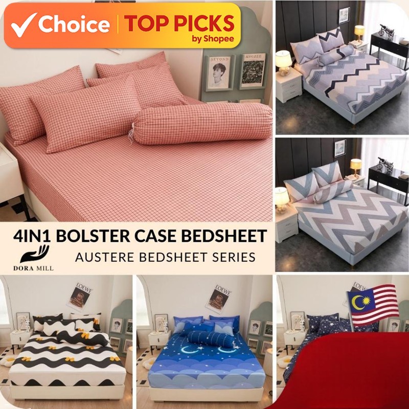 4-in-1 / 2-in-1 Fitted Bedsheet Set – Single, Queen, King Sizes with All-Round Elastic, Pillow & Bolster Covers