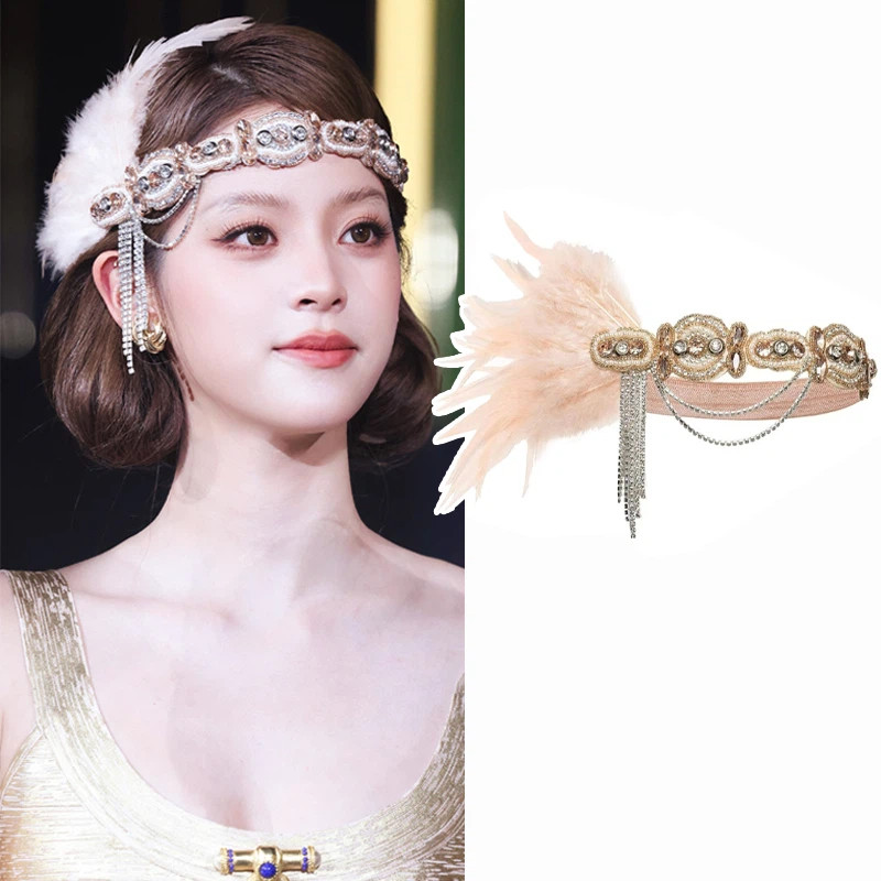 Ouyang Nana Same Style Feather Rhinestone Headband Retro Light Luxury Prom Elegant Hair Accessories