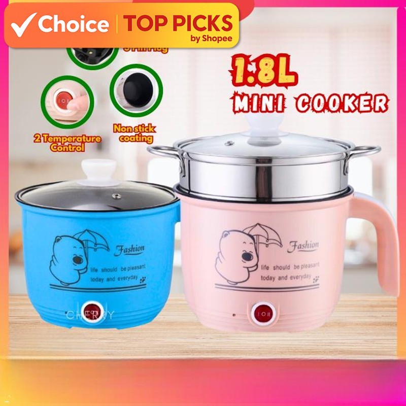 Electric Cooker 1.8L Non-Stick Mini Pot with Steamer Tray, Frying Pan, Multi-Cooker Mini Rice Cooker