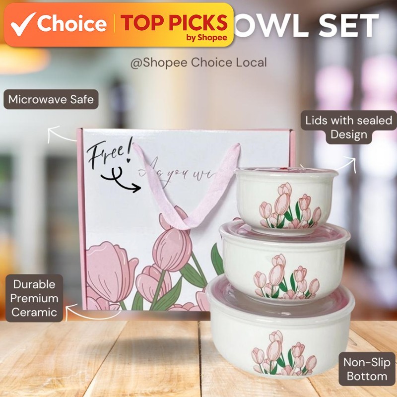Ceramic Bowl Set with Air-Tight Lids Microwave Safe Kitchen Essentials, Perfect Wedding Gift & Food Storage - 3pcs