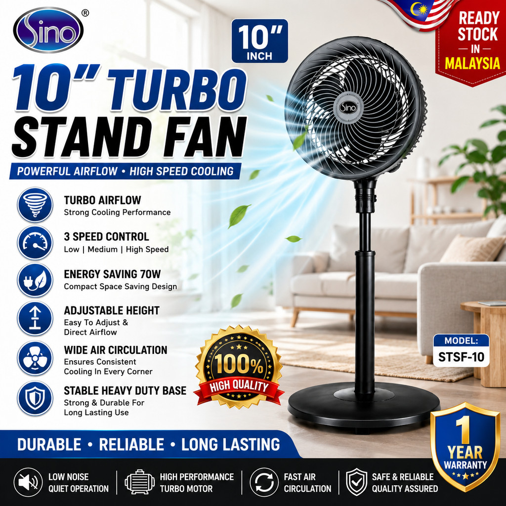 SINO 10” Turbo Stand Fan Kipas Berdiri | High Speed Powerful Airflow Circulation Fan | Heavy Duty Table Fan Malaysia