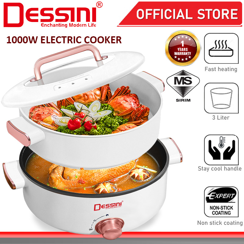DESSINI ITALY Electric Cooker Steamboat Hot Pot Non Stick Frying Wok Pan Rice Cooker Steamer Periuk Masak Elektrik (3L)
