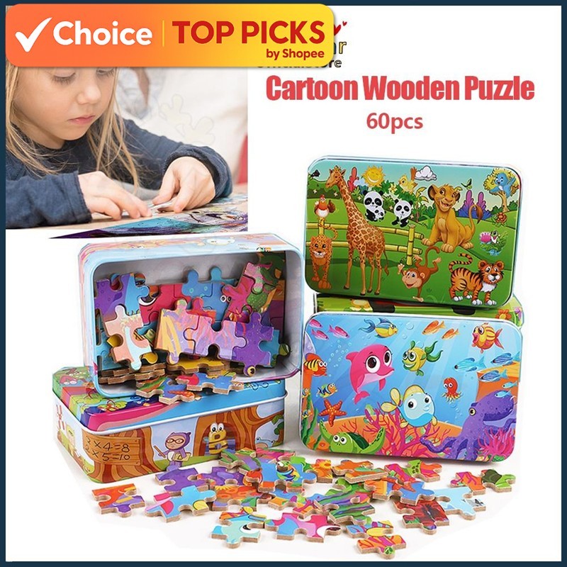 Kids Wooden Puzzle Jigsaw Toy Gift 60Pcs | Free Iron Box | Early Learning Montessori Mainan Kanak-kanak 拼图