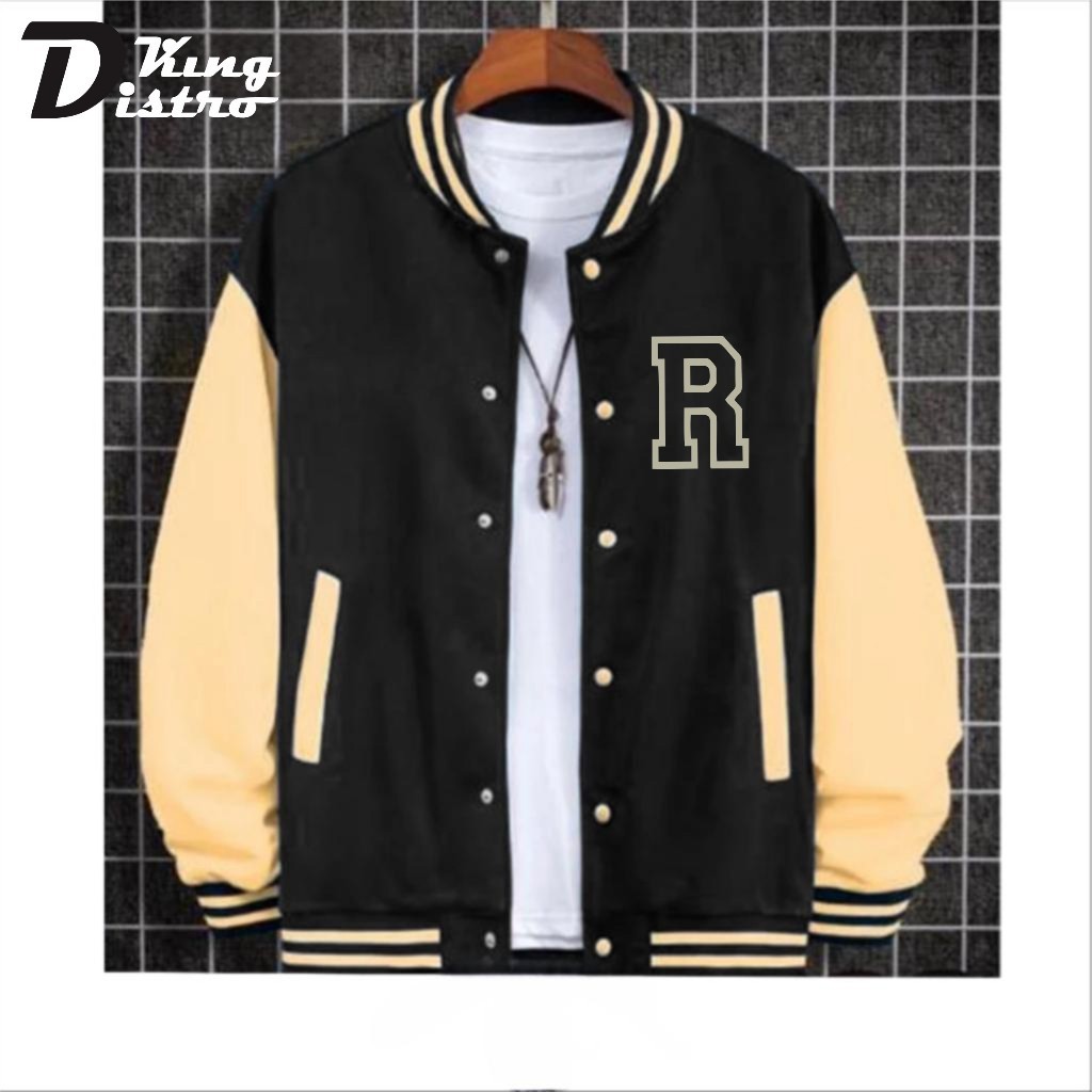 - Varsity Baseball Jacket Button LOGO R Text SILVER Premium Button Varsity Jacket Men Women Latest Korean Jacket Varsity