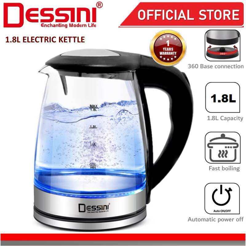 DESSINI ITALY Glass LED Light Electric Kettle Automatic Cut Off Boiler Ju