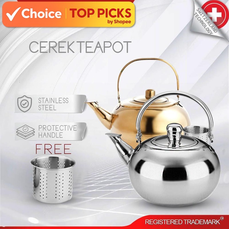 Swiss Thomas Stainless Steel Teapot with Integrated Tea Strainer & Anti-Scald Handle 2L