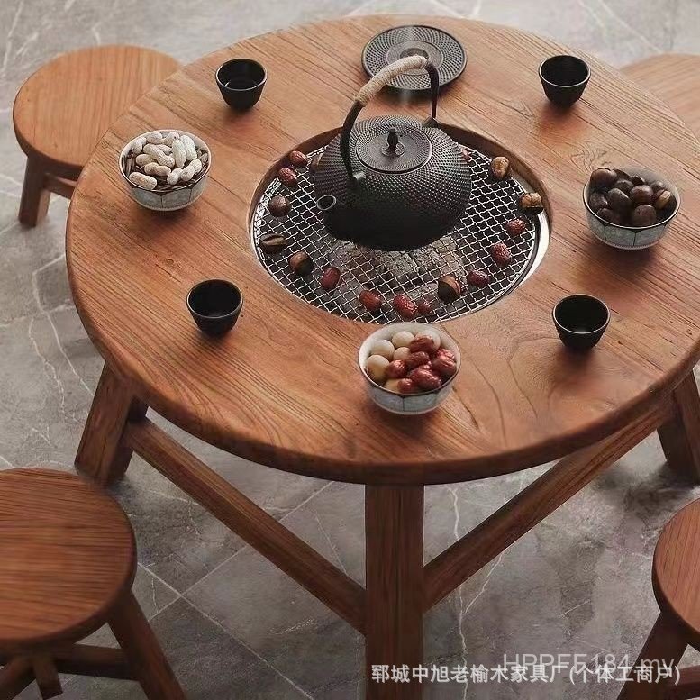 Solid Wood Stove Barbecue Tea Making Full Set Retro Balcony Courtyard Surrounding Tea Table Table One Round Old Elm Hot Pot Table YWPC