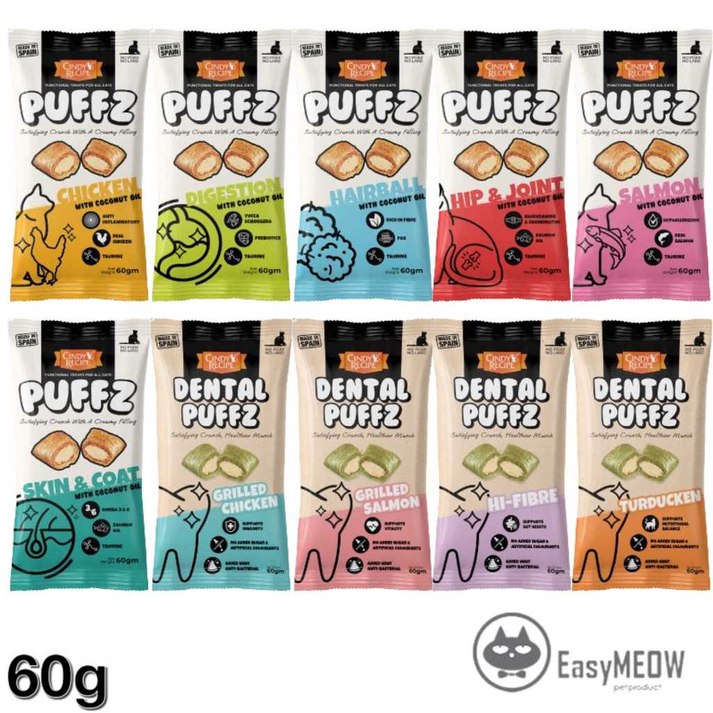 CINDY RECIPE PUFFZ 60G WITH COCONUT OIL - SALMON, SKIN COAT, DIGESTION, HIP JOINT, CHICKEN, HAIRBALL