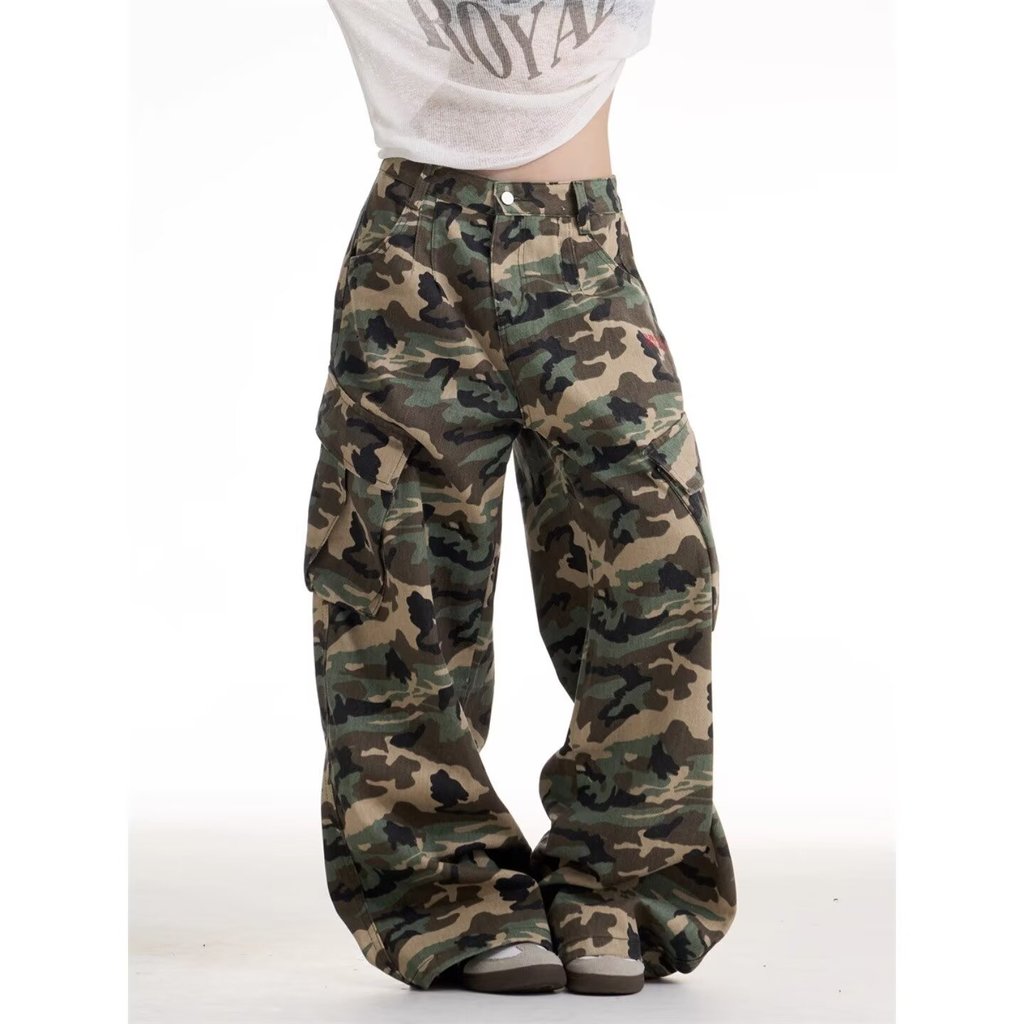 American Vintage Camouflage Large Pocket Workwear Casual Pants for Men, Loose Fit Wide-Leg Pants for Women