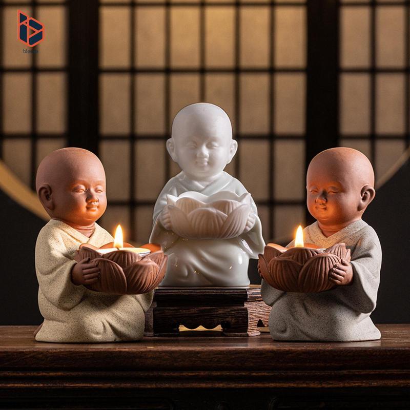 blesiya Little Monk Figurine Ceramic Tea Light Candle Holder Handcrafted 4.8inch Tall