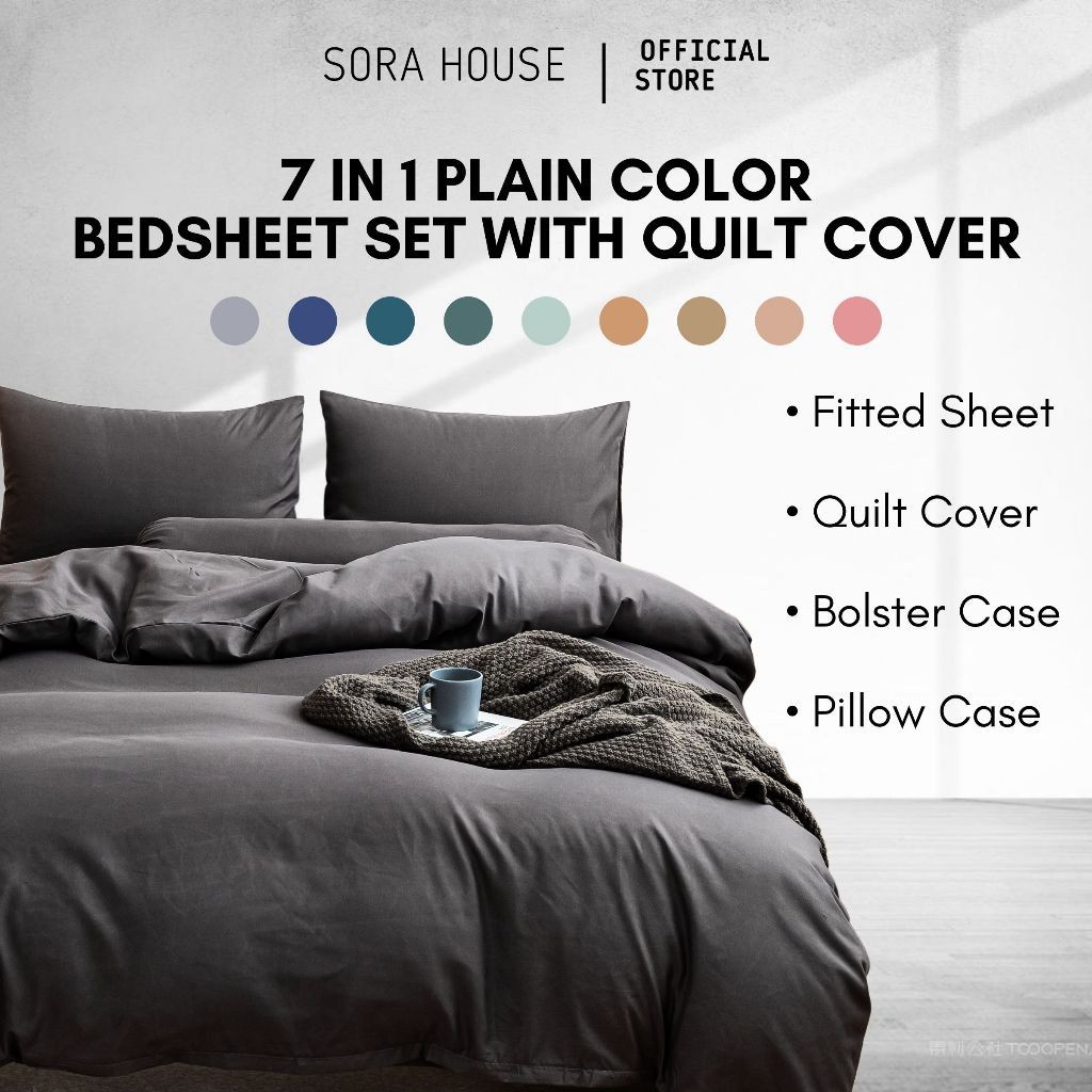 SORA PLAIN Hotel QUILT COVER Bedsheet Set Cadar Sarung Comforter Selimut 7in1 Single Queen King #BEP
