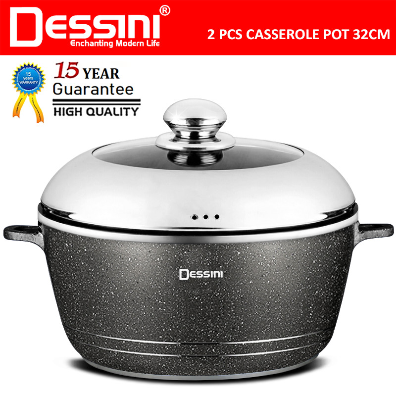 DESSINI ITALY Granite Die Cast Aluminium Non Stick Casserole Pot Bowl Deep Fry Pan Cookware Tool (32cm)