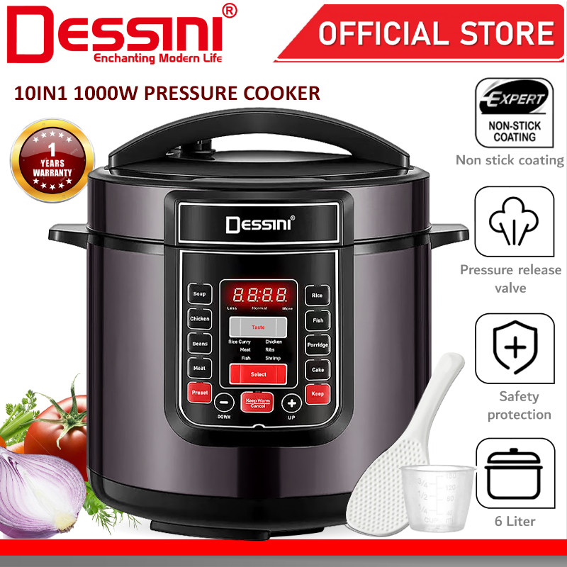 DESSINI ITALY 10IN1 Electric Digital Pressure Cooker Non-stick Stainless Steel Inner Pot Rice Cooker Steamer (6L)