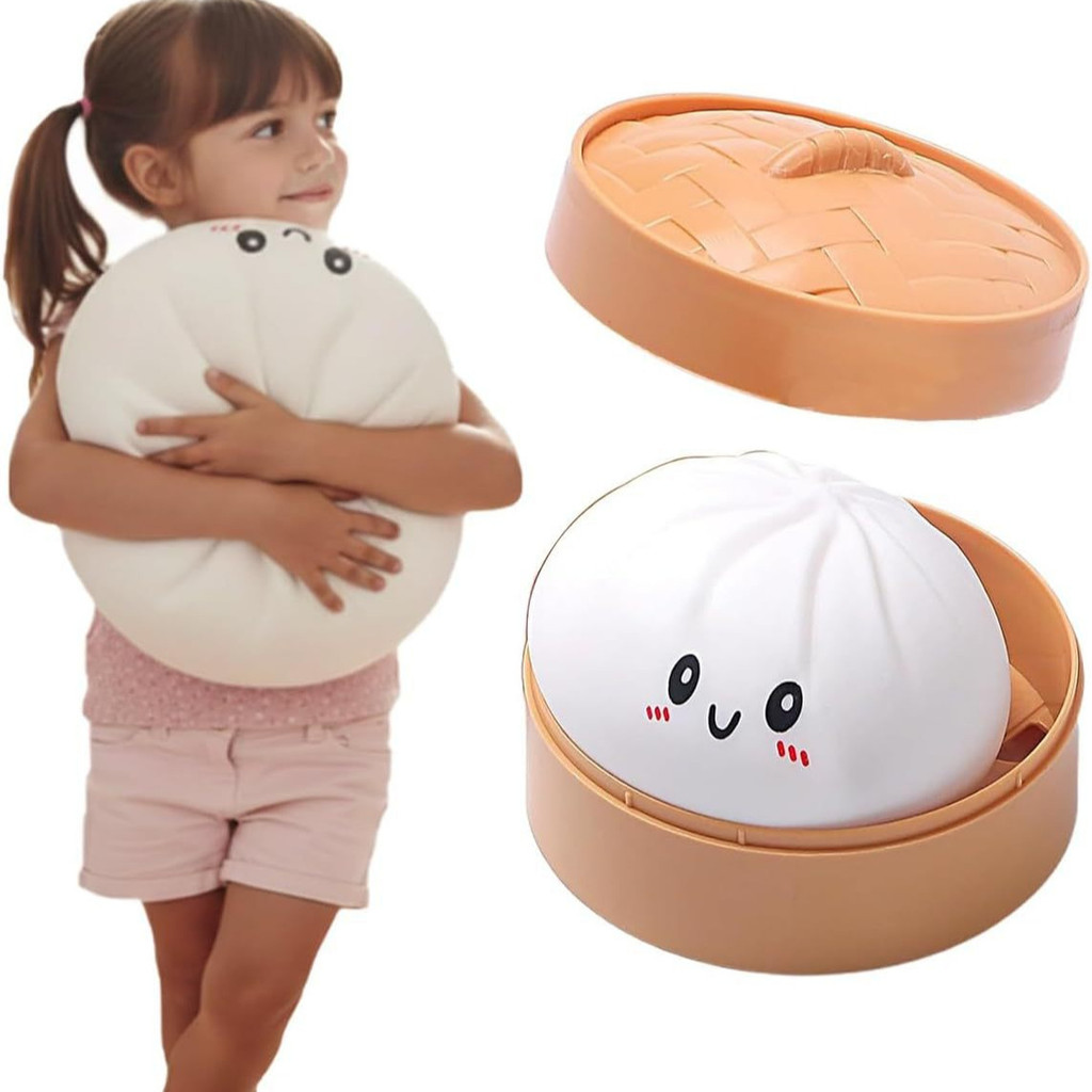 Cute Bao Bun Squishy Toy, Slow Rising Stress Relief Plush Pillow, Realistic Steamed Bun Design with Bamboo Steamer