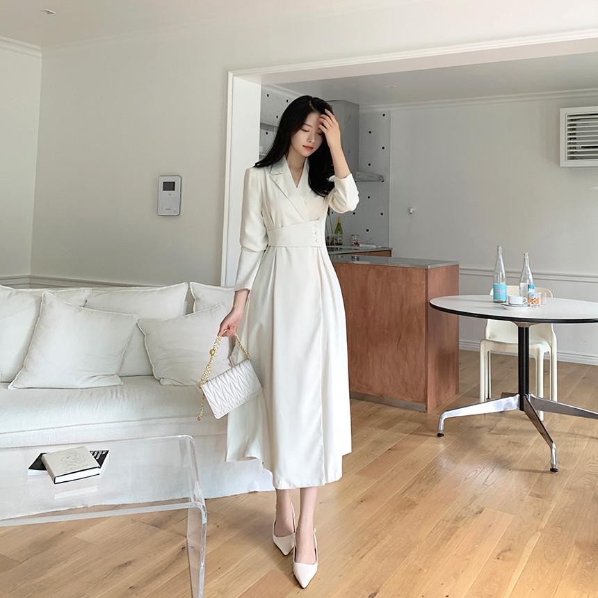 SARICHIC French Elegant Lapel Chic Button Waist Slim Fit Long Suit-Style Long Sleeve Dress for Women -99166