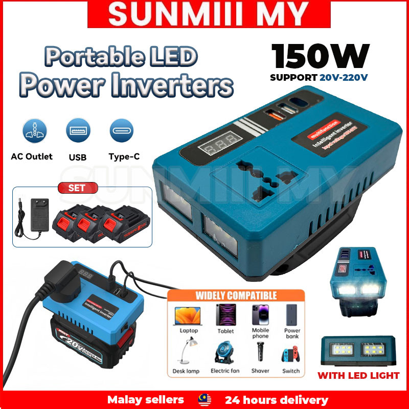 Portable LED Power Inverters 150W Transformer 20V To 220V Car Power Inverter Penukar with Dual USB,AC Outlet & Type-C