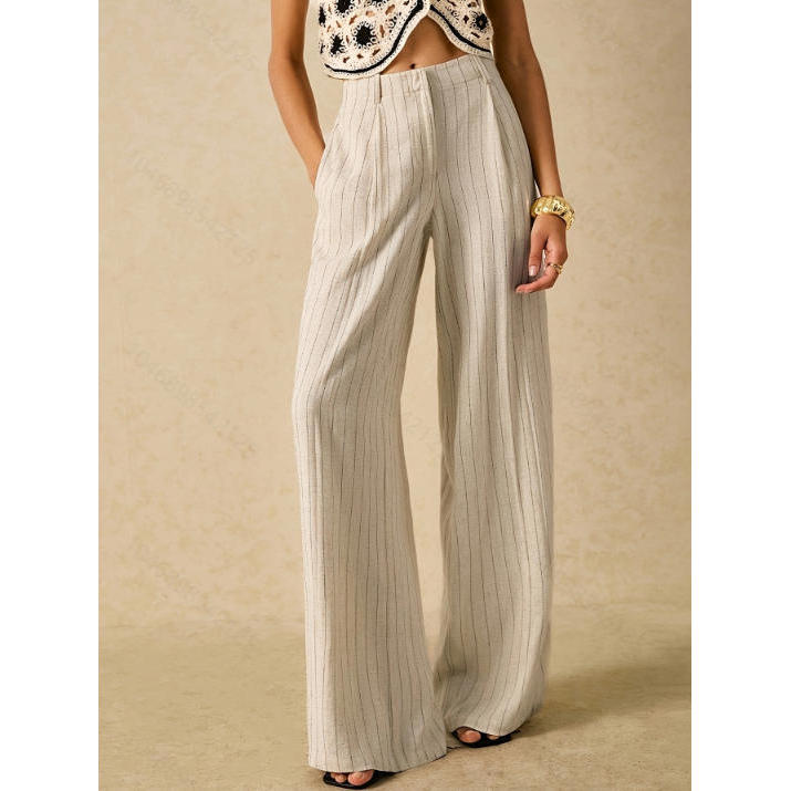Linen Striped Wide-Leg Pants High-Waist Drape Slimmer Look Commuter Casual All-