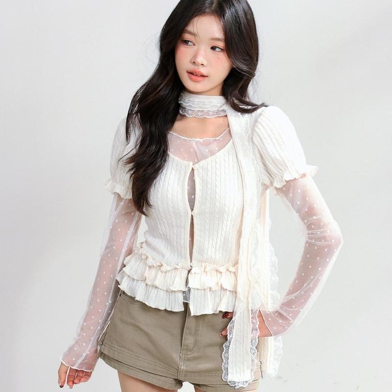 Sweet Style Lace Stitching Polka Dot Cardigan Suit for Women - Spring Wear