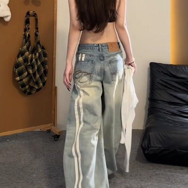 Blue Washed Ribbon Jeans Women 2026 Spring American Retro Washed Cat Whisker Wide-Leg Pants Slimmer Look Machete Pants