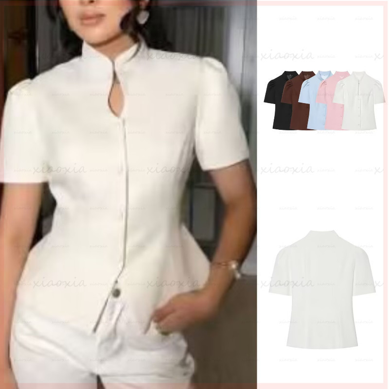 Women European American Style Fashion All-Match Slim-fit Breasted Stand-Up Collar Short-Sleeved Top