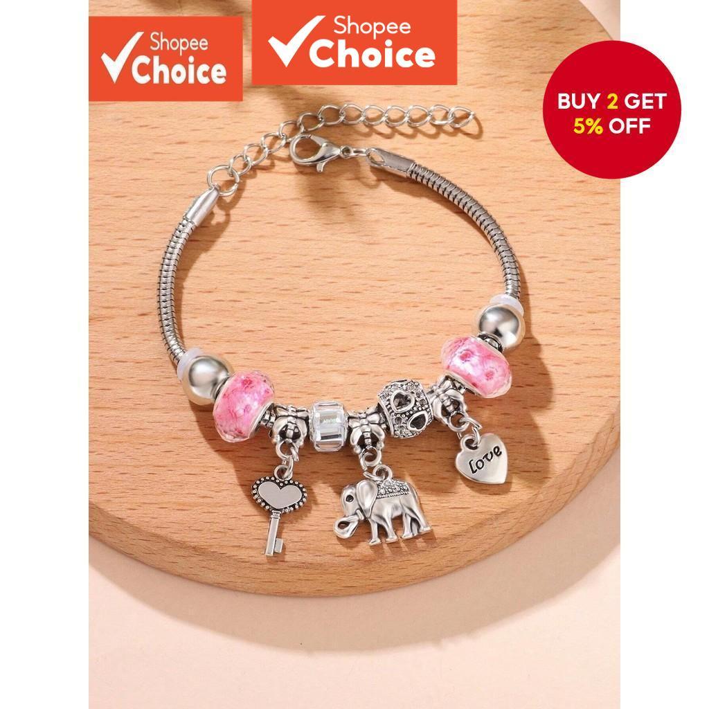 Colorful Ball Heart Key Elephant Charm Bracelet for Girls Women Daily Wear