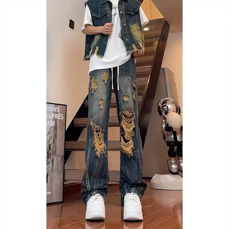 American Style Street Washed Distressed Ripped Jeans Men Spring Autumn Straight Loose European American High Street vibe Style Long Pants