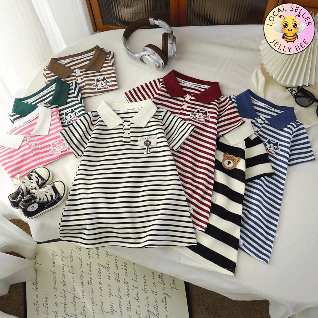 J&B Girl Kids Short Sleeve Striped Collar Button-Up T-Shirt Dress A-Neck Polo Dress Budak Perempuan