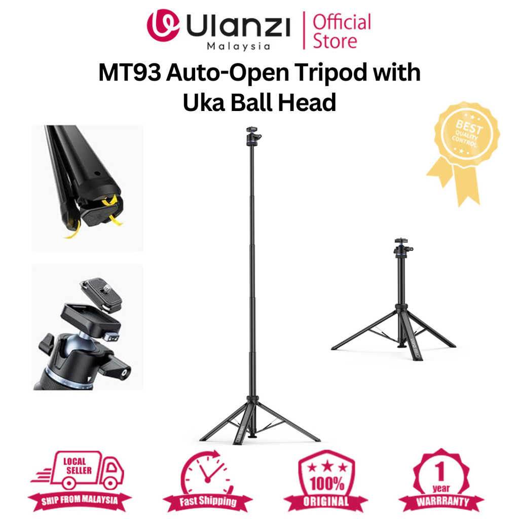 Ulanzi MT-93 Auto-Open Tripod with Uka Ball Head T202 Metal Ground 1.6M Tripod for Camera Fill Light