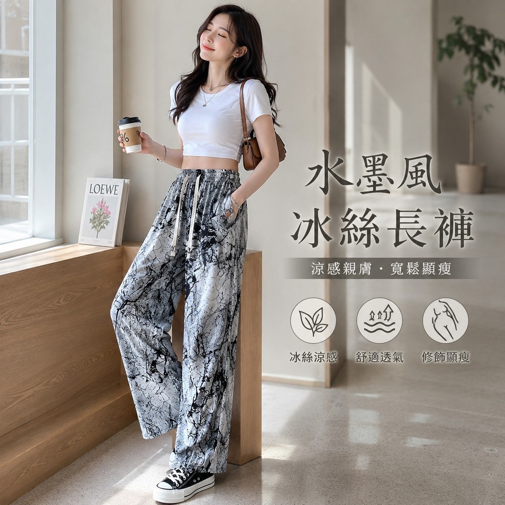 [Taiwan Shipment] Ink Style Ice Silk Trousers Girls Clothing Loose Slimmer Look Ice Silk Cool Korean Version All-Match Fashion Design Commuter Casual Pants