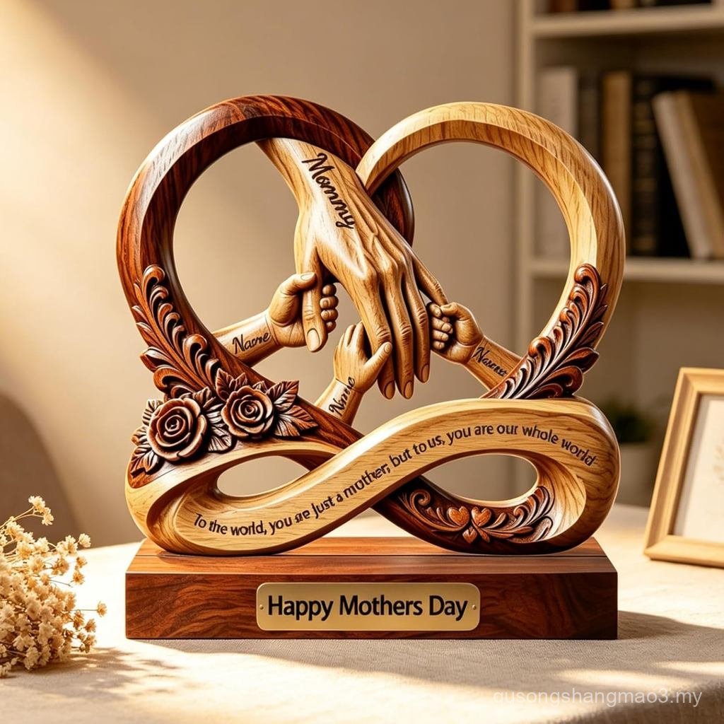 Plak Kayu Infinity Peribadi Ibu Memegang Tangan Anak-anak, Hadiah untuk Ibu, Nama Tersuai Ibu dan Anak-anak Berpegangan Tangan, Plak Kayu Hari Ibu, Patung Meja Cetakan 2D