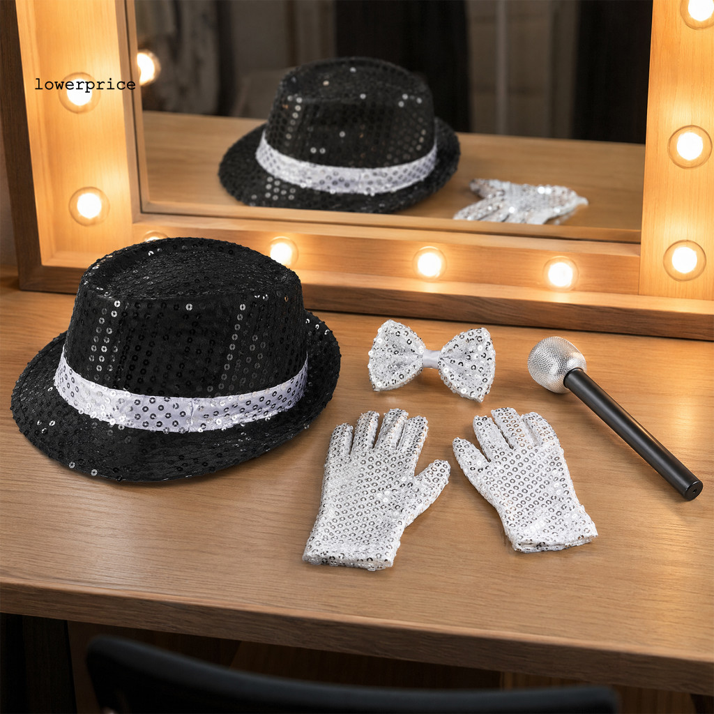 {lowerprice} Pop Rockstar Costume Set for Adults – Black Sequin Hat Sunglasses Gloves Microphone – Perfect for Cosplay Halloween Party Dress-up Southeast Asia Halloween Costum