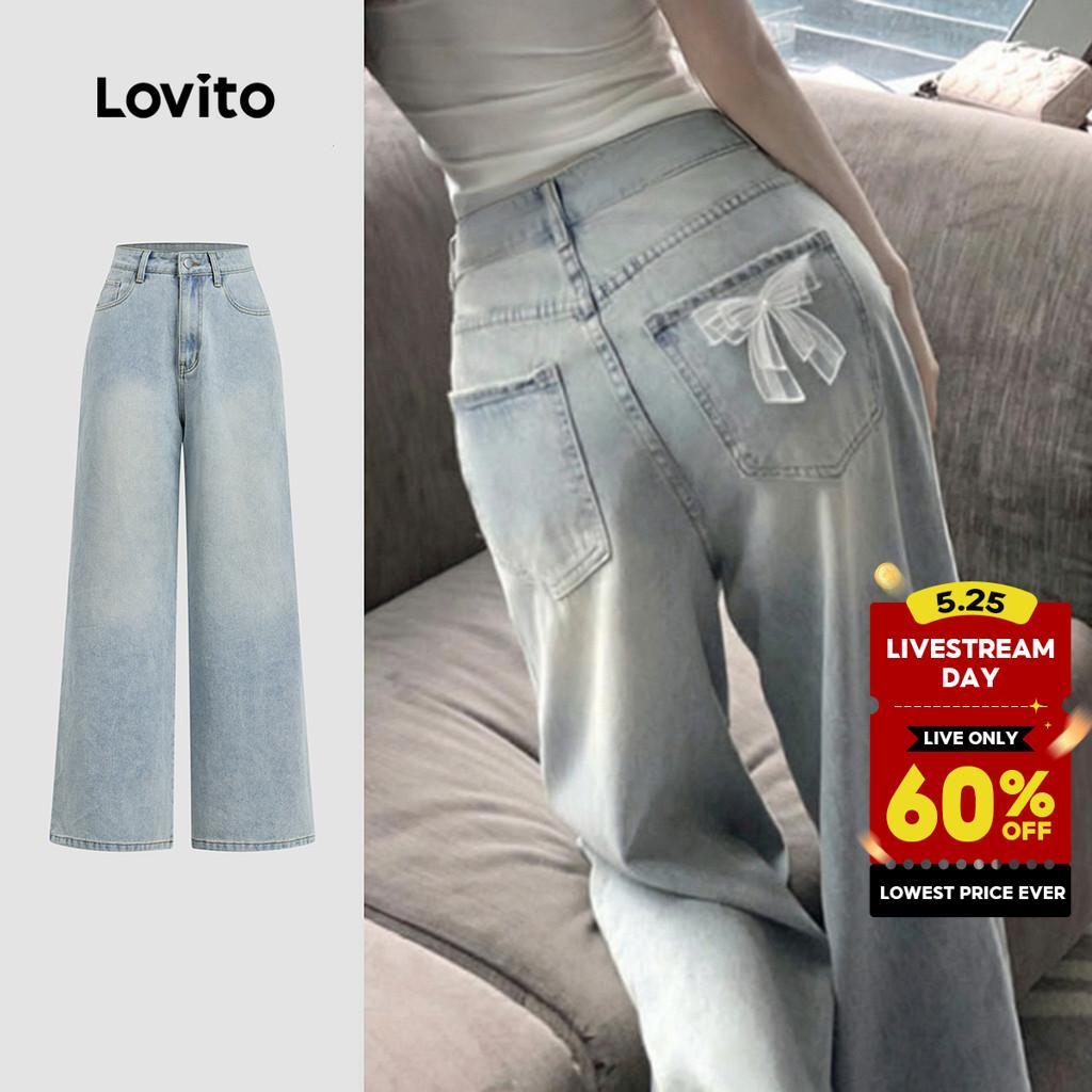 Lovito Casual Jeans Pocket Bow Back Washed Spring/summer Light Blue Jeans for Women L178ED611 Lovito Jeans Kasual Poket Tunduk Belakang Dicuci Musim Bunga/musim Panas Biru Muda Jeans untuk Wanita. L178ED611