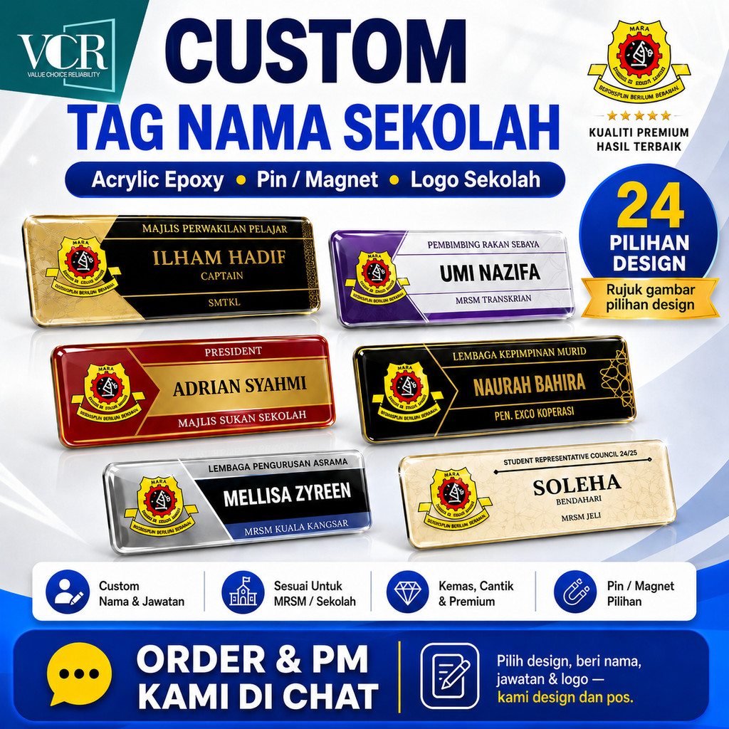 VCR Name Tag Epoxy MAGNET & PIN Goverment Penjawat Awam, Pengawai, Tag Nama Sekolah Cikgu, Kakitangan Kerajaan MRSM