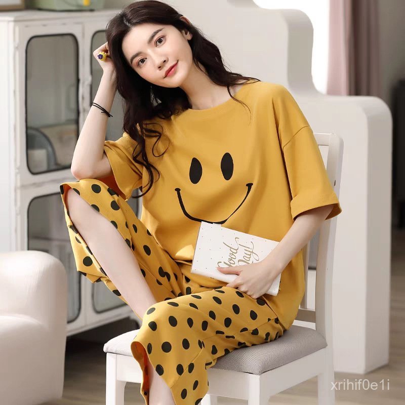 Draped Tencel Two-Piece Suit Source Cropped Trousers Women Summer Short-Sleeved Cute Sweet Korean Version Home Service Princess Style Suit Temperament Simple Women's Suit 0527A YCQV