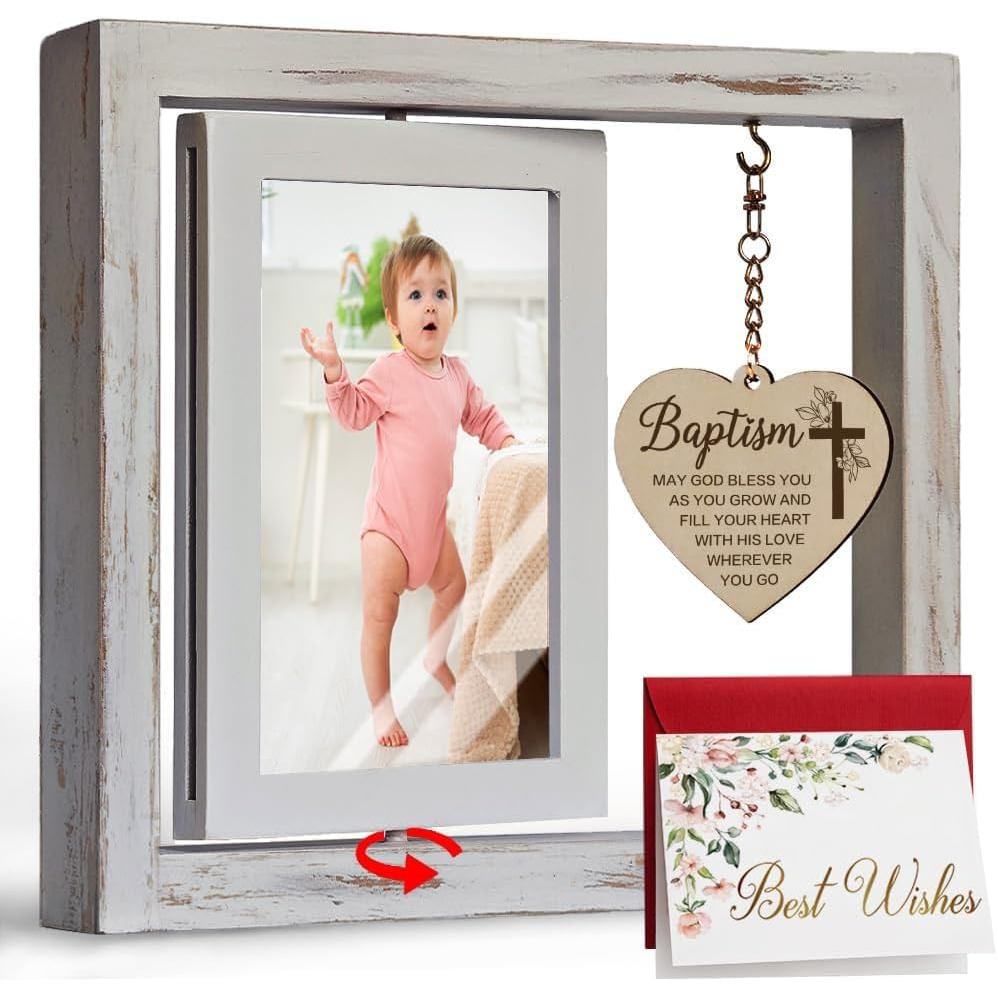 Bingkai Gambar Berputar untuk Hadiah Pembaptisan Bayi Perempuan Lelaki, Bingkai Keagamaan Pembaptisan Bayi Hadiah daripada Ibu Bapa Kandung dan Rakan-rakan, Bingkai Hadiah untuk Majlis Baby Shower untuk N