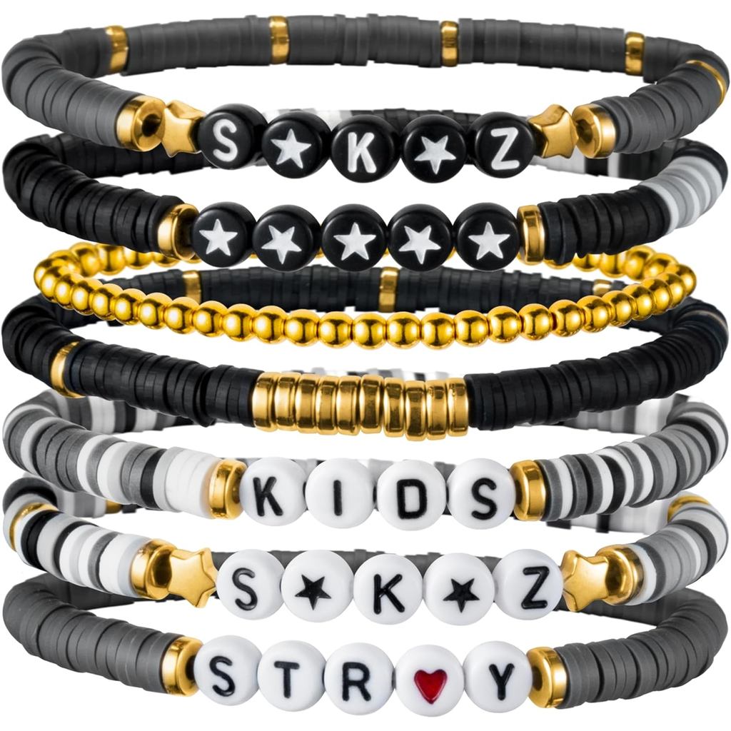 7Pcs Set Perhiasan Gelang SKZ Hadiah Merchandise untuk Peminat SKZ Gelang Manik Regangan Berinspirasi SKZ Hadiah Perhiasan Idola Muzik untuk Wanita Remaja Pelajar Konsert Hari Lahir Hari Valentine