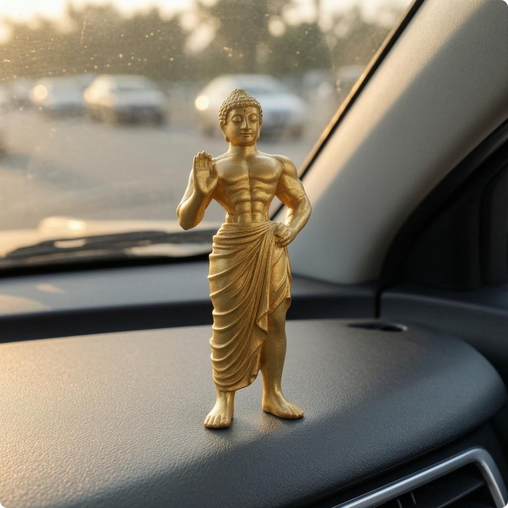 Gold Buddha Statue Sculpted Decorative Figurine Standing Figurine Detailed Craftsmanship Freestanding Ornament Luxurious Accent