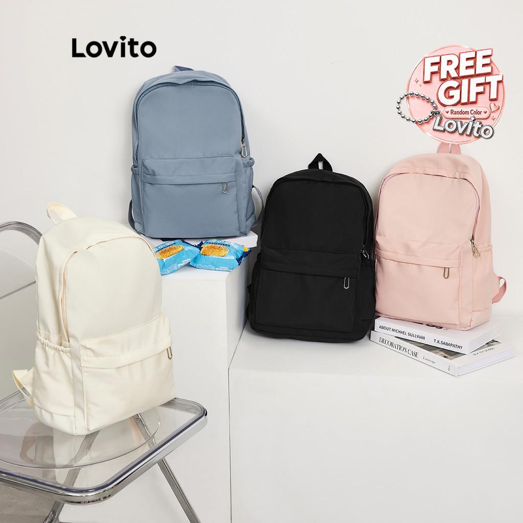 Lovito Preppy Backpack Plain Colorblock Double Shoulder Strap Multi-pocketed Backpacks for Women L41BA05 (White/Pink/Blue/Black)