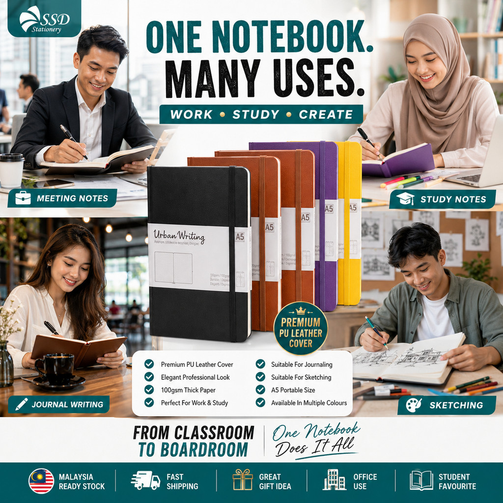 SSD A5 PU Leather Notebook 100gsm 100pages Urban Sketching Writing Buku Nota Bleedproof Journal Stationery Alat Tulis