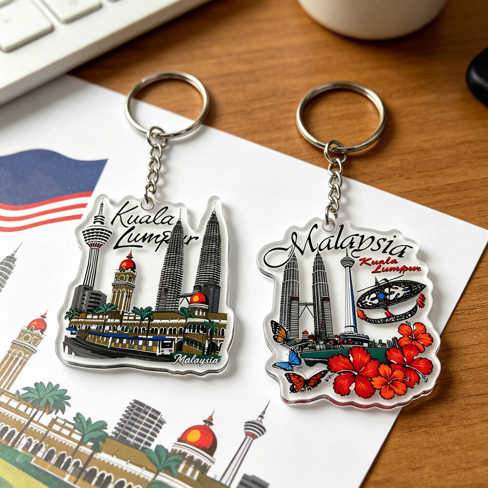 Kuala Lumpur Hari Merdeka Keychain, Malaysia Independence Day Acrylic Keyring with Twin Towers & Hibiscus, Great Travel Souvenir & Patriotic Bag Pendant