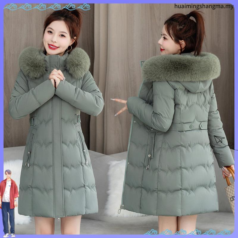 Waist-Cinching Hooded Winter Coat with Faux Fur Collar