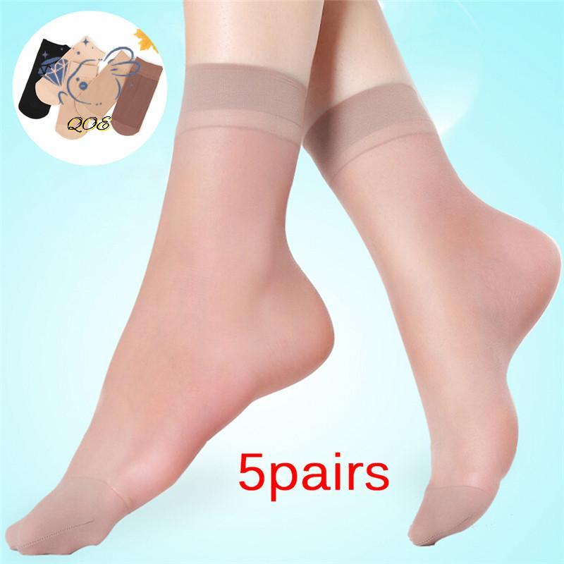 [QOE] 5Pairs Women Nylon Elastic Short Ankle Sheer Stoing Silk Short Sos Purecolor VN