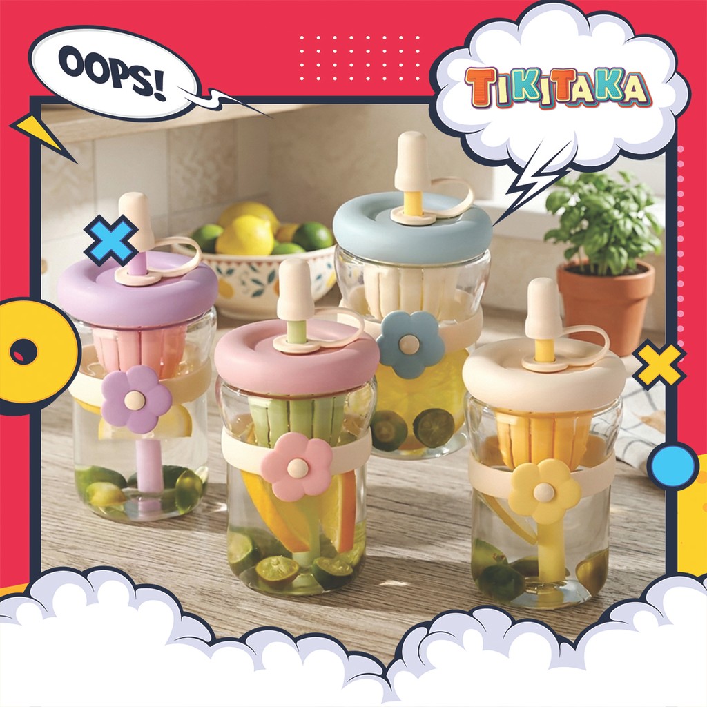 Cawan Air Kaca Corak Bunga Macaroon Flower Series Glass Cup Cute Kids Milk Juice Water Cup Daily Outdoor Use 带茶滤器玻璃杯