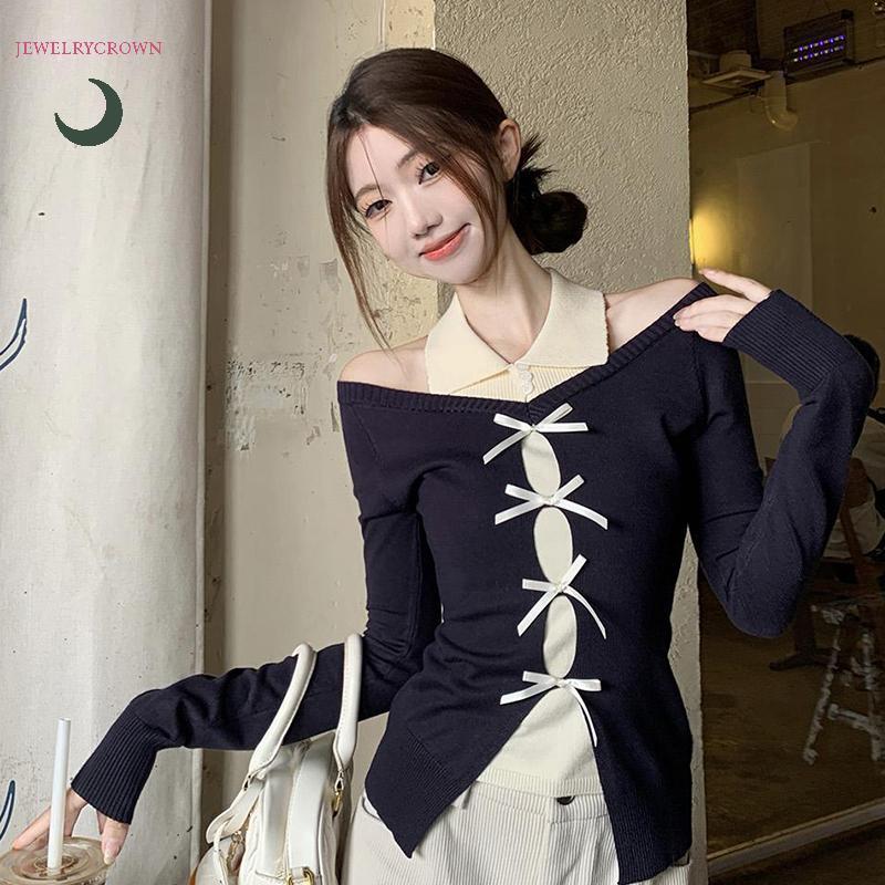 Korean Women's Off Shoulder Halter Bow Long Sleeve Slim Fake Two Piece Knitted Sweater [VN]