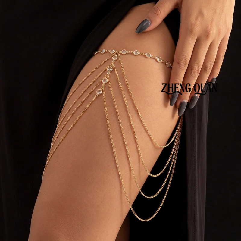 Glam Rhinestone Thigh Chain Women Gold Multi Strand Tassel Body Jewelry Crystal Chandelier Leg Harness Summer Festival Accessories Gift