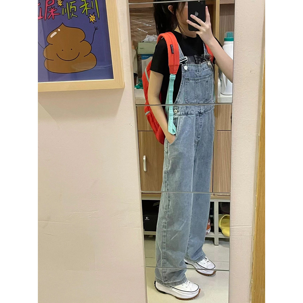 Washed Overalls Women Slimmer Look Hot Girl Fried Street Age-Reducing Loose American Retro Straight Wide-Leg Jump